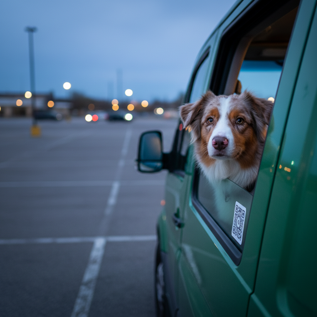 Hund schaut aus dem Fenster eines geparkten Vans