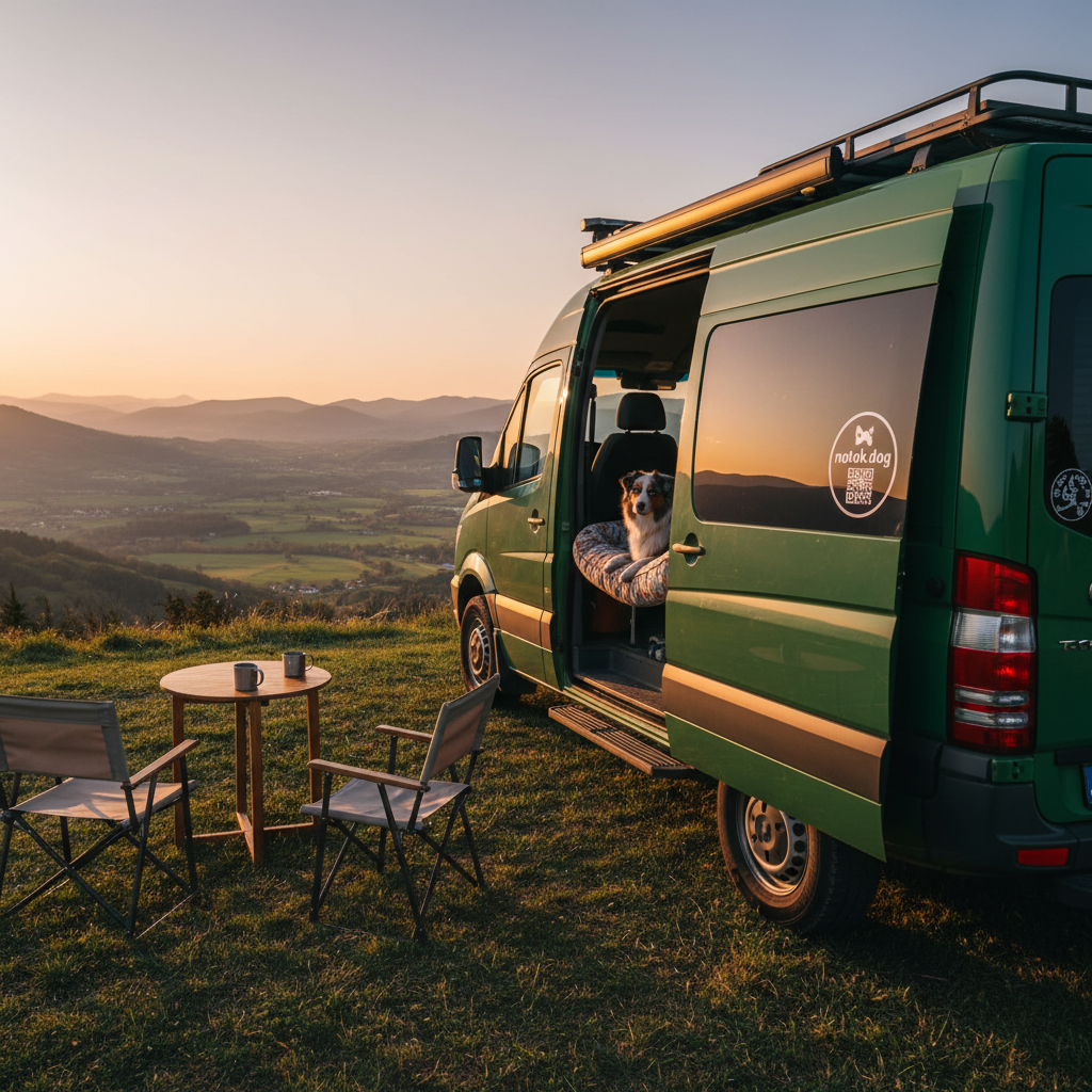 Hund im Campervan bei Sonnenuntergang