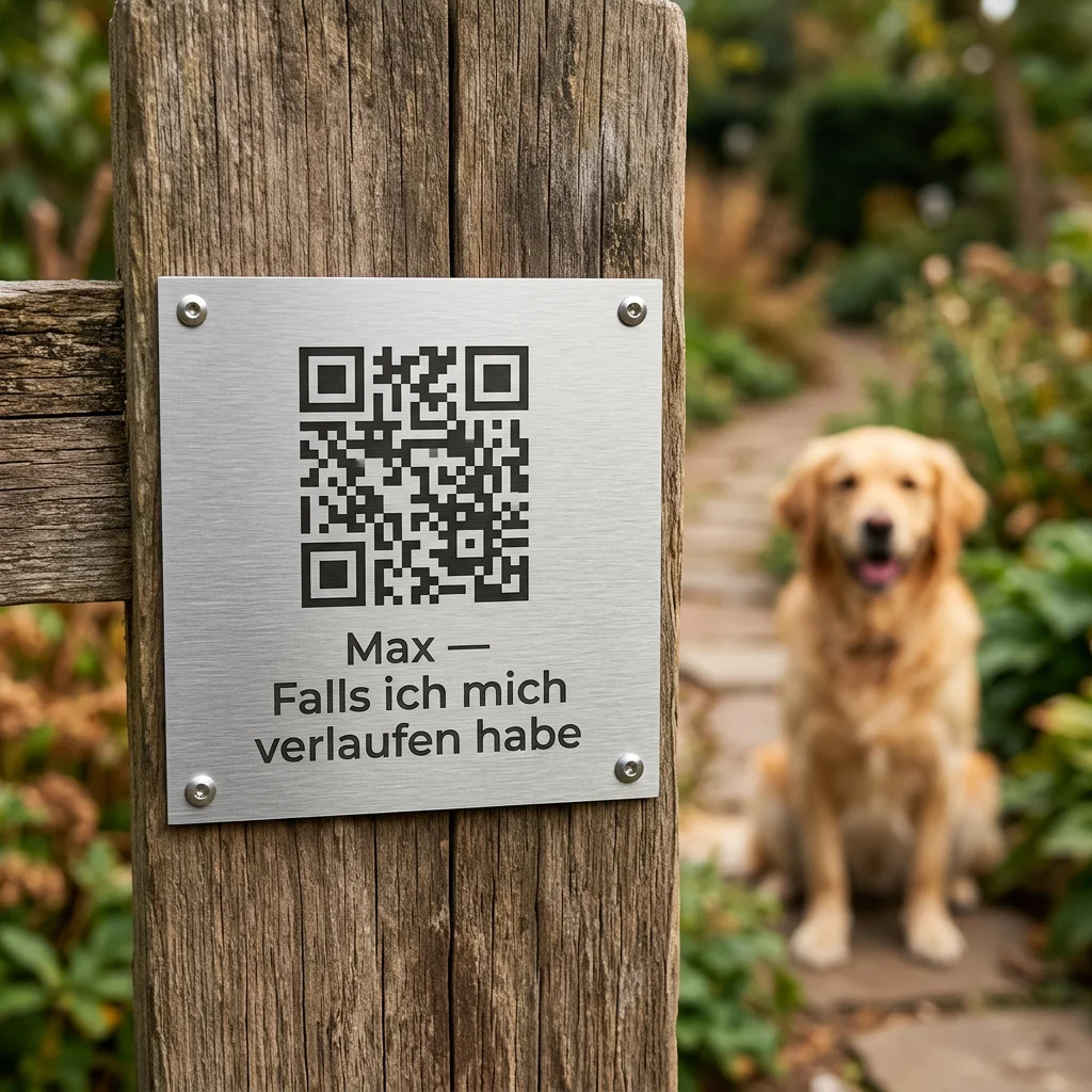 Alu-Dibond QR-Platte mit individuellem Text am Gartenzaun