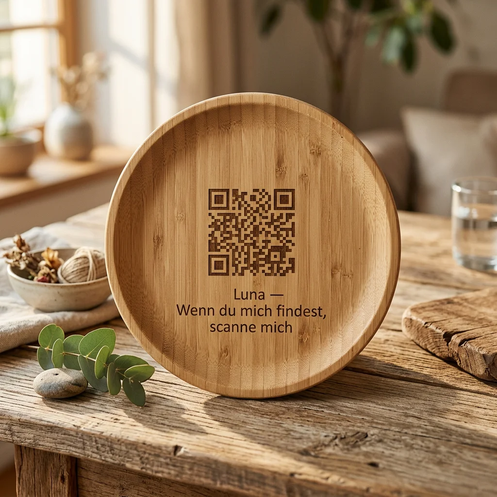 Bambusholz QR-Gravur mit Lasergravur auf rustikalem Holztisch