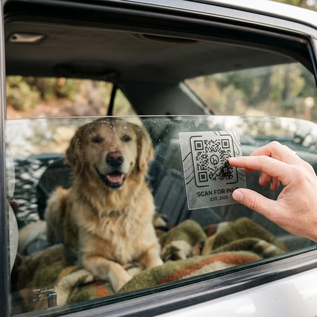 Wetterfester QR-Code Sticker auf Autoscheibe mit Golden Retriever im Hintergrund