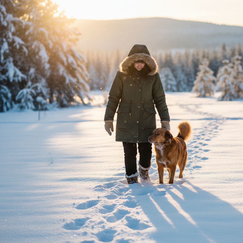 Ein Hund und sein Besitzer gehen gemeinsam durch eine verschneite Winterlandschaft