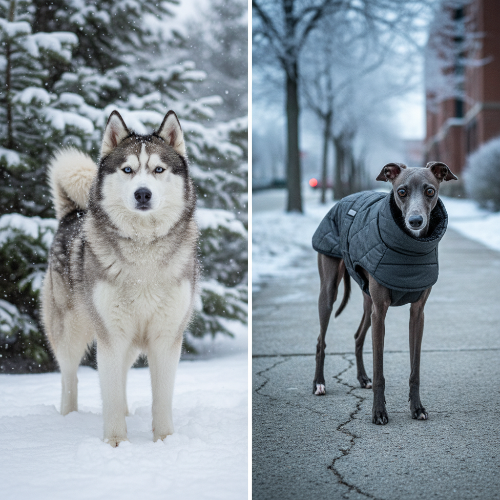 Fell-Vergleich: Husky mit dichtem Winterfell vs. Whippet mit Hundemantel