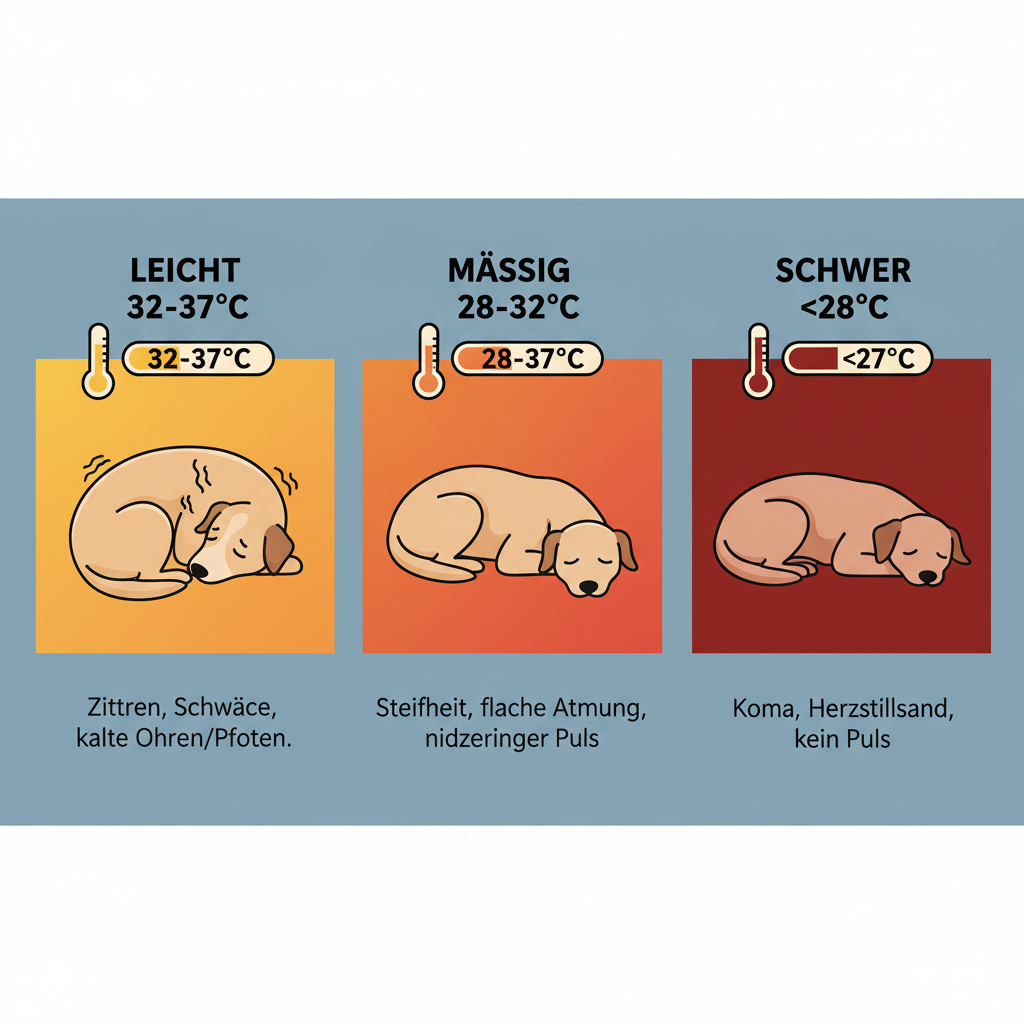 Infografik: Drei Stadien der Hypothermie beim Hund — mild, moderat und schwer