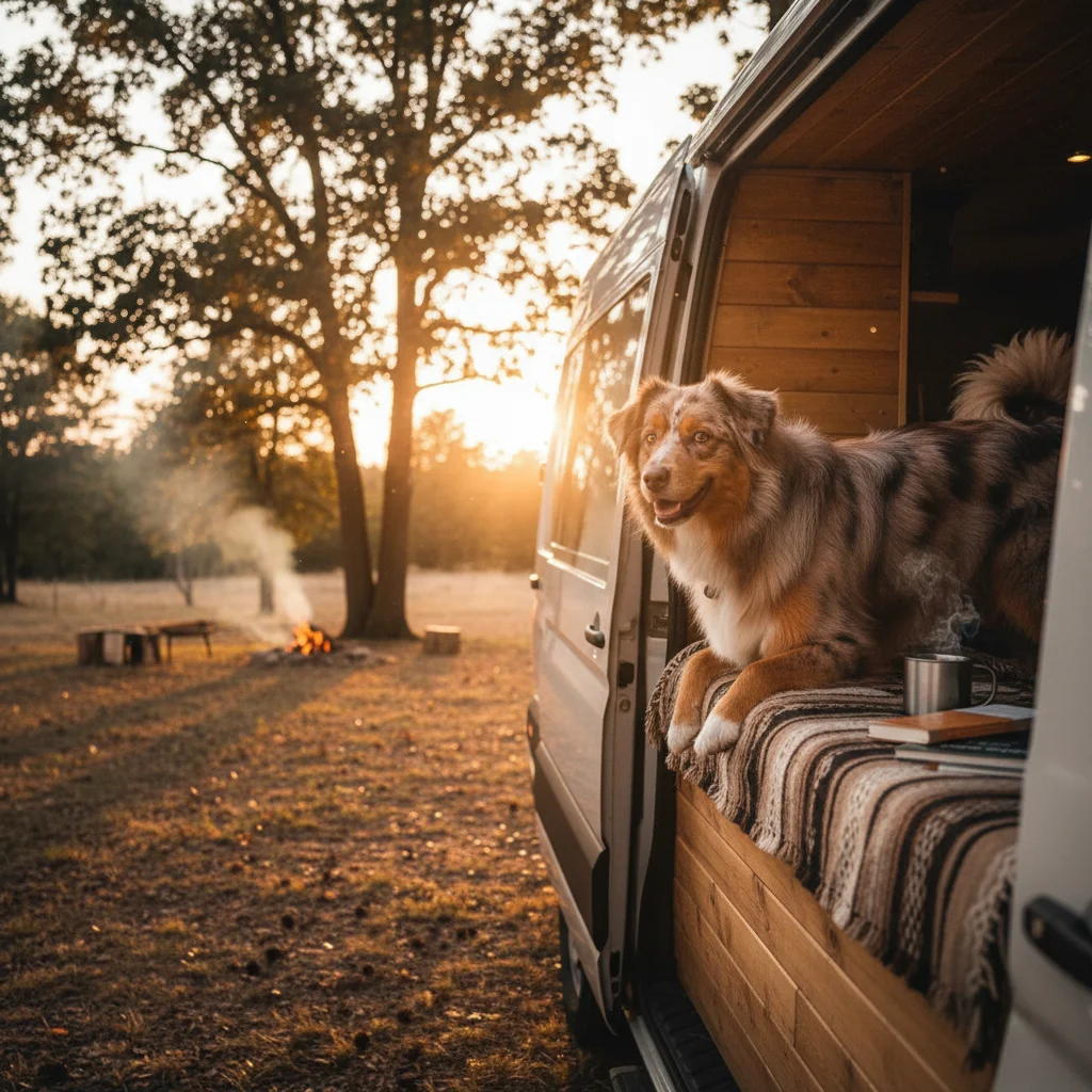 PLACEHOLDER: /public/blog/klimaanlage-vanlife-hund/fazit-hund-van.webp Border Collie schaut zufrieden aus dem Heckfenster eines ausgebauten VW Crafter, goldene Stunde, warme Erdtöne, abendliche Campingszene