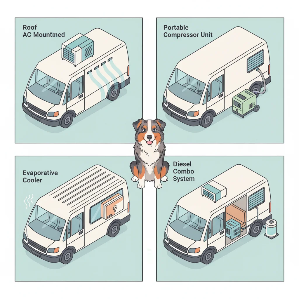 PLACEHOLDER: /public/blog/klimaanlage-vanlife-hund/klimaanlagen-vergleich.webp Übersichtliche Infografik mit vier Klimaanlagen-Typen für Vans nebeneinander, saubere Icons, heller Hintergrund, informativer Stil