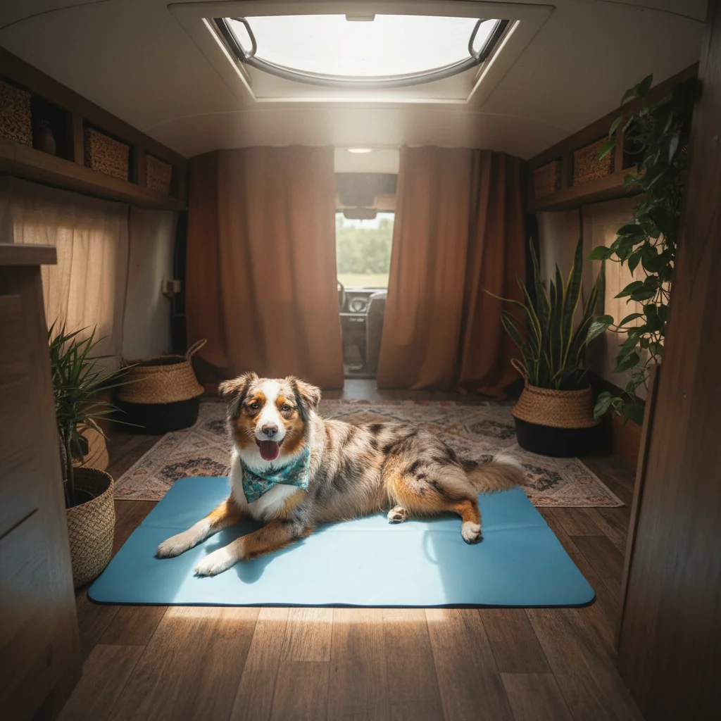PLACEHOLDER: /public/blog/klimaanlage-vanlife-hund/tipps-ohne-ac.webp Hund liegt auf einer Kühlmatte in einem schattigen Van, Ventilator im Hintergrund, entspannte Atmosphäre, Lifestyle-Fotografie
