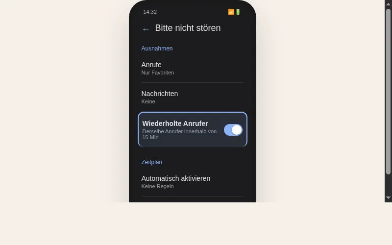 PLACEHOLDER: /public/blog/notfallanruf-smartphone-stumm/android-einstellung.webp Android-Screenshot der Nicht-stören-Einstellungen mit markierter Option Wiederholte Anrufer, Material Design UI, sauberer Screenshot-Stil