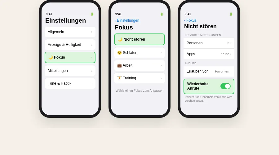 PLACEHOLDER: /public/blog/notfallanruf-smartphone-stumm/ios-schritt-fuer-schritt.webp Drei iPhone-Screens nebeneinander als Schritt-für-Schritt-Anleitung, Fokus-Einstellungen, Wiederholte Anrufe aktivieren, minimalistischer Infografik-Stil